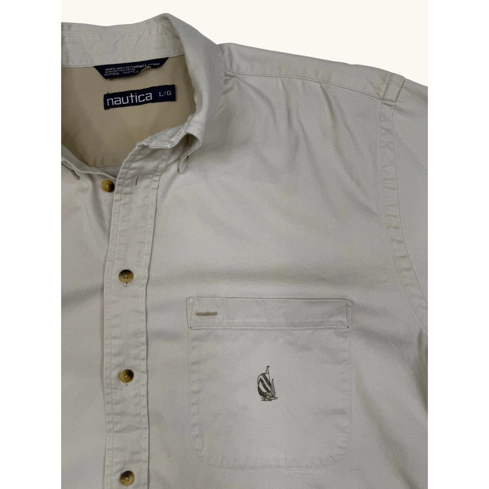 Nautica Mens Large Khaki Tan Cotton Twill Long Sleeve Button Down Shirt Logo L - Picture 8 of 8